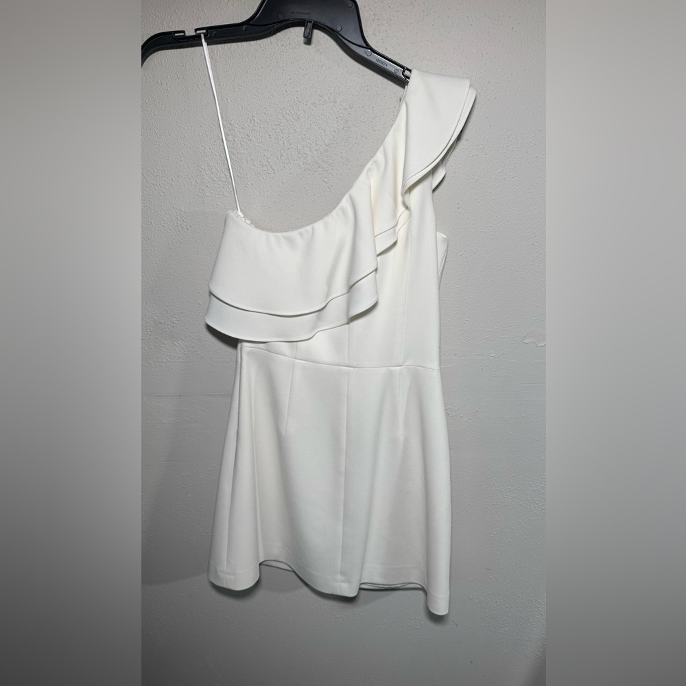 French Connection Women's Whisper Asymmetrical Ruffle Neck Dress, White size 4 - Picture 7 of 8